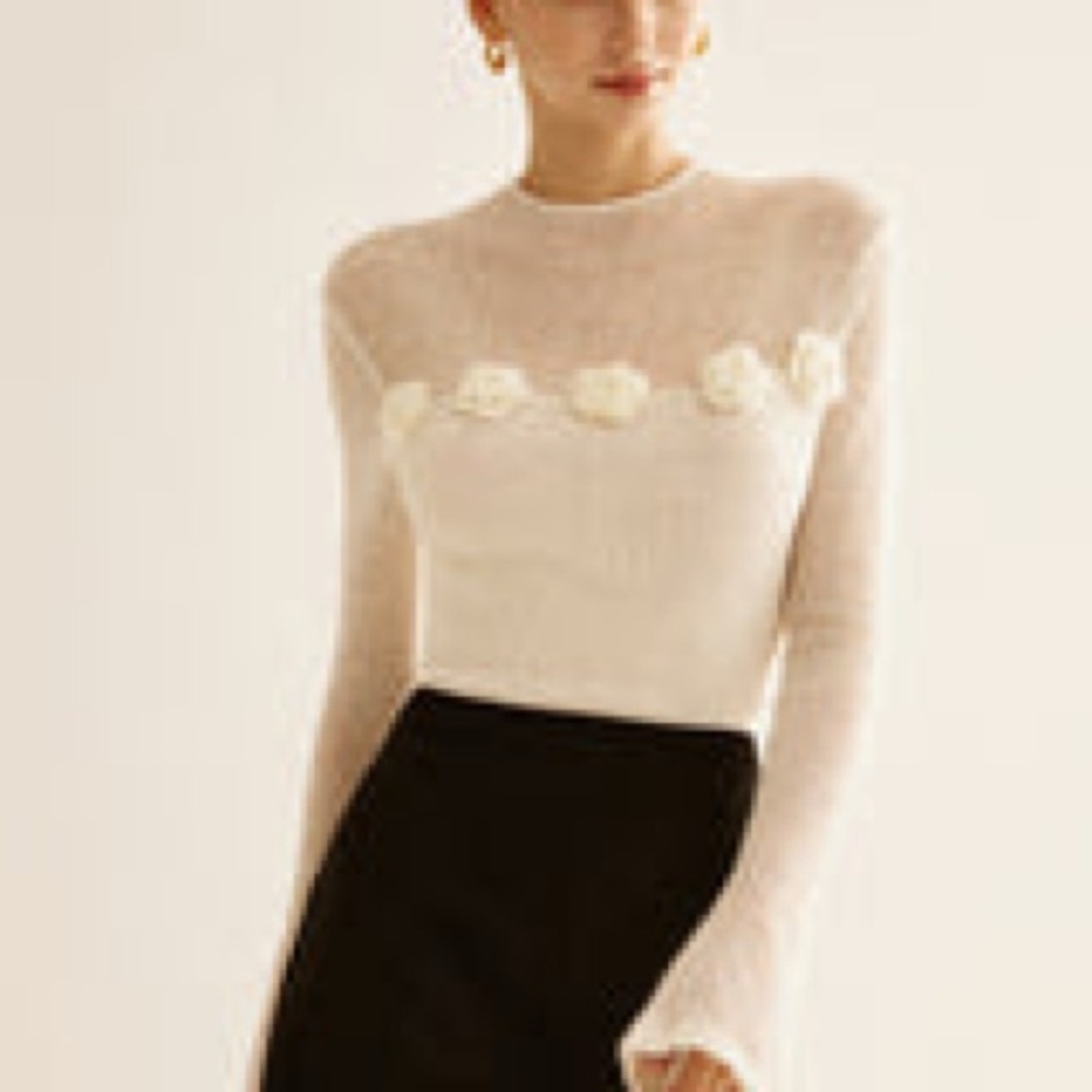 Commense Cream Crewneck Sweater with Floral Trim